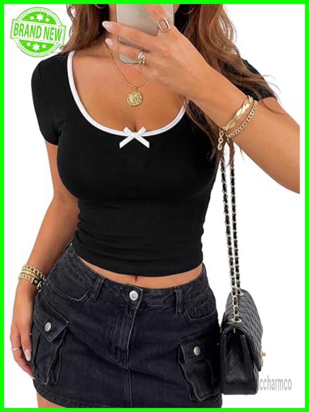 Bow Front Crop Tee - Short Sleeve Crew Neck